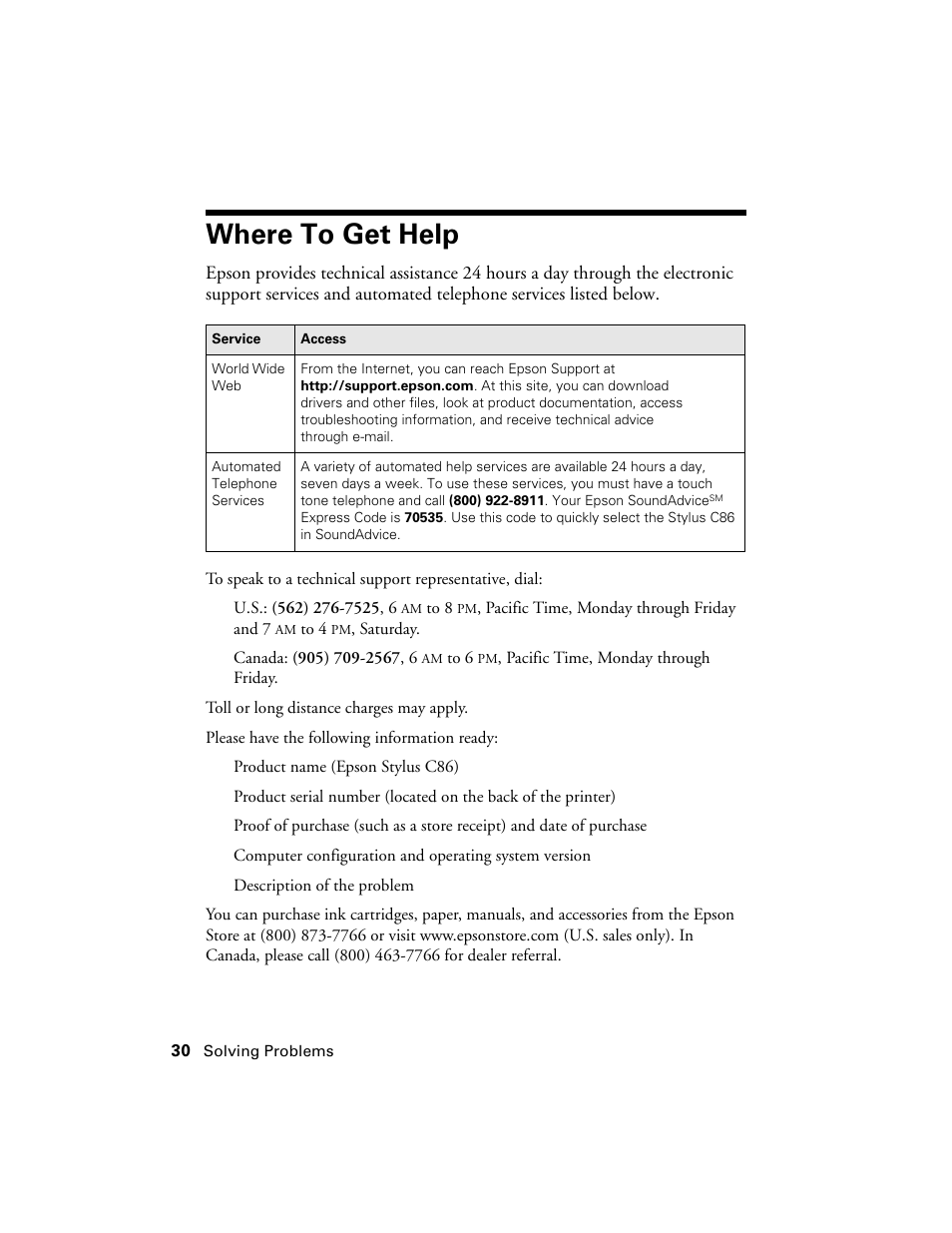 Where to get help | Epson Stylus C86 User Manual | Page 30 / 40