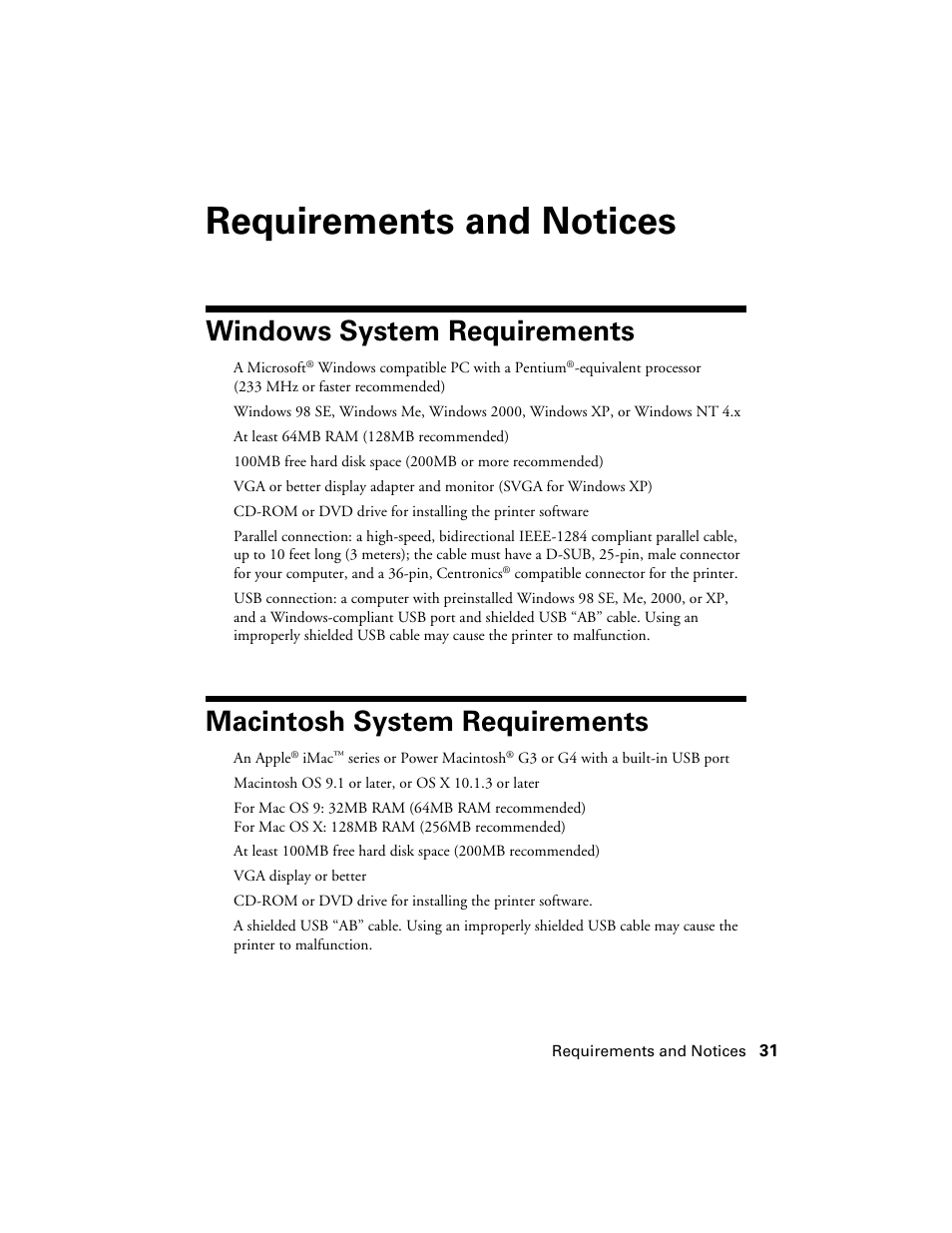 Requirements and notices, Windows system requirements, Macintosh system requirements | Epson Stylus C86 User Manual | Page 31 / 40