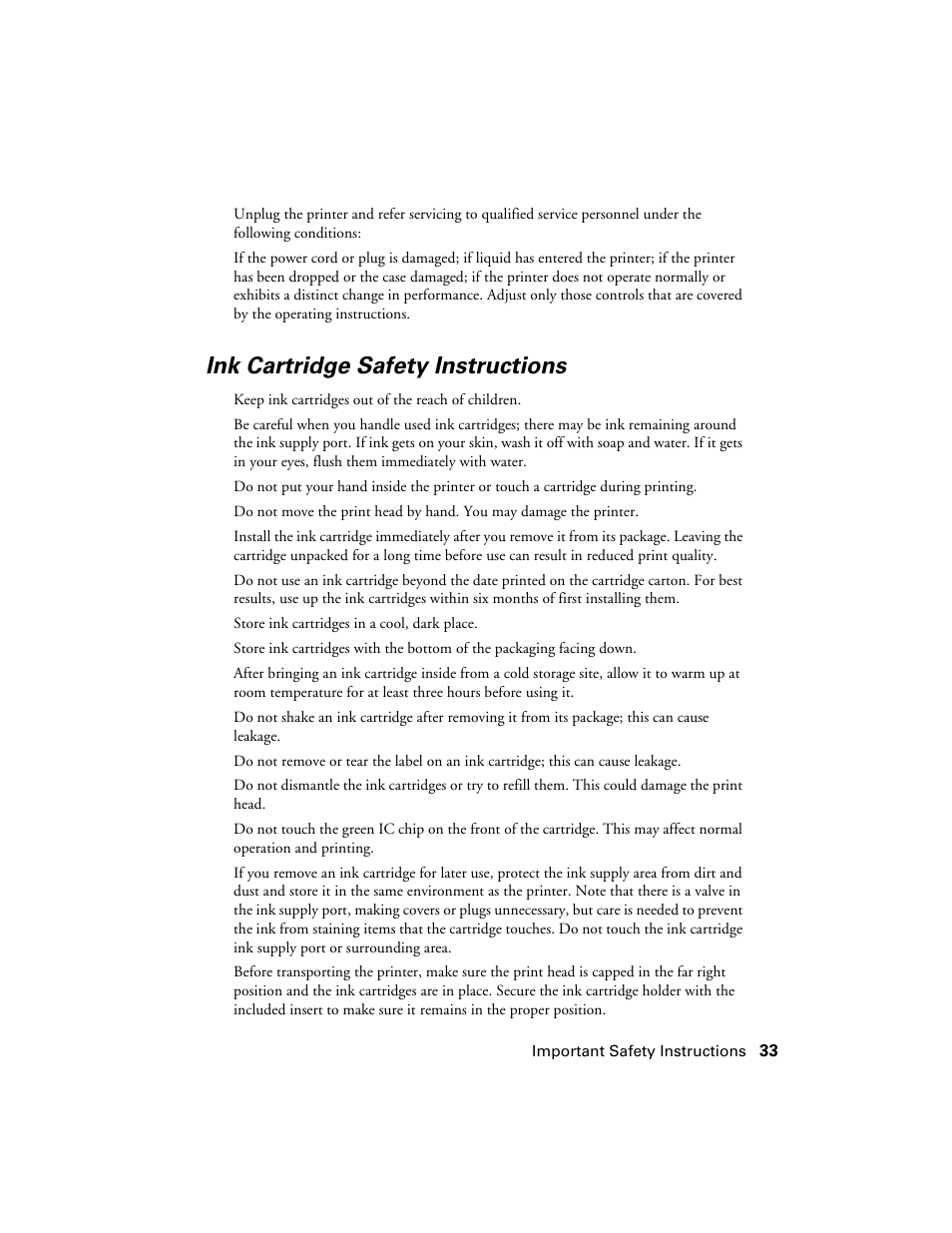 Ink cartridge safety instructions | Epson Stylus C86 User Manual | Page 33 / 40