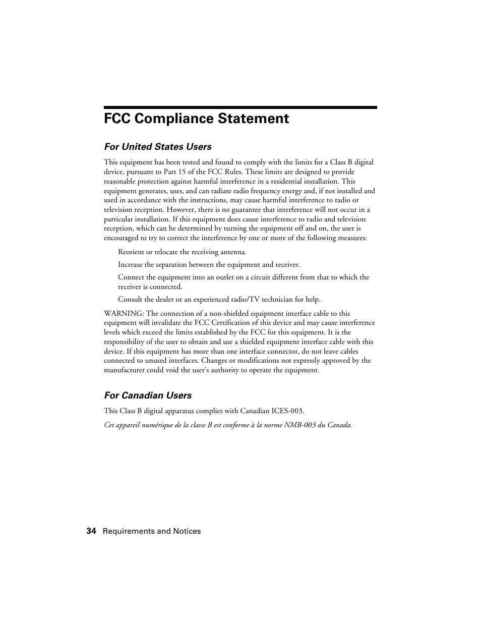 Fcc compliance statement | Epson Stylus C86 User Manual | Page 34 / 40