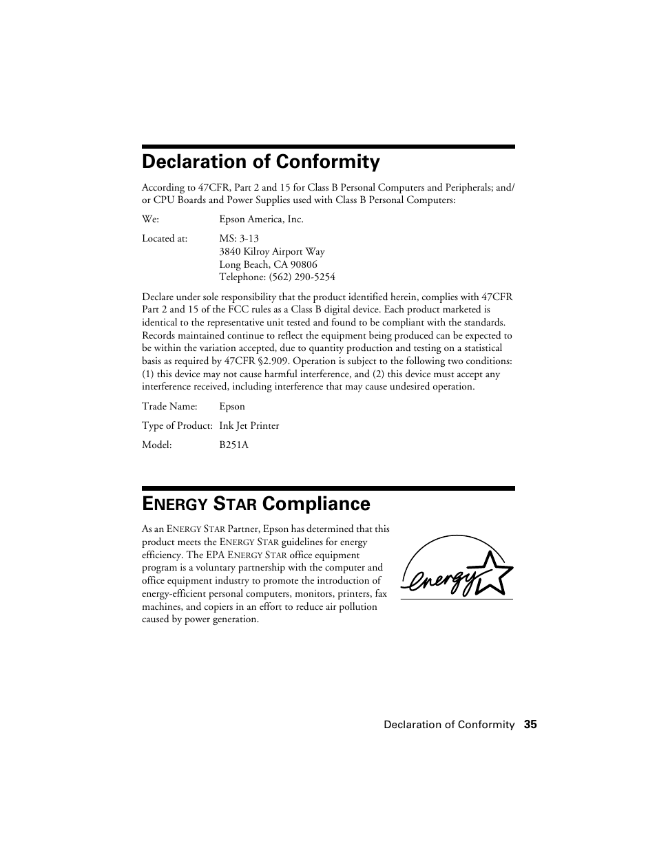 Declaration of conformity, Energy star compliance, Compliance | Nergy | Epson Stylus C86 User Manual | Page 35 / 40