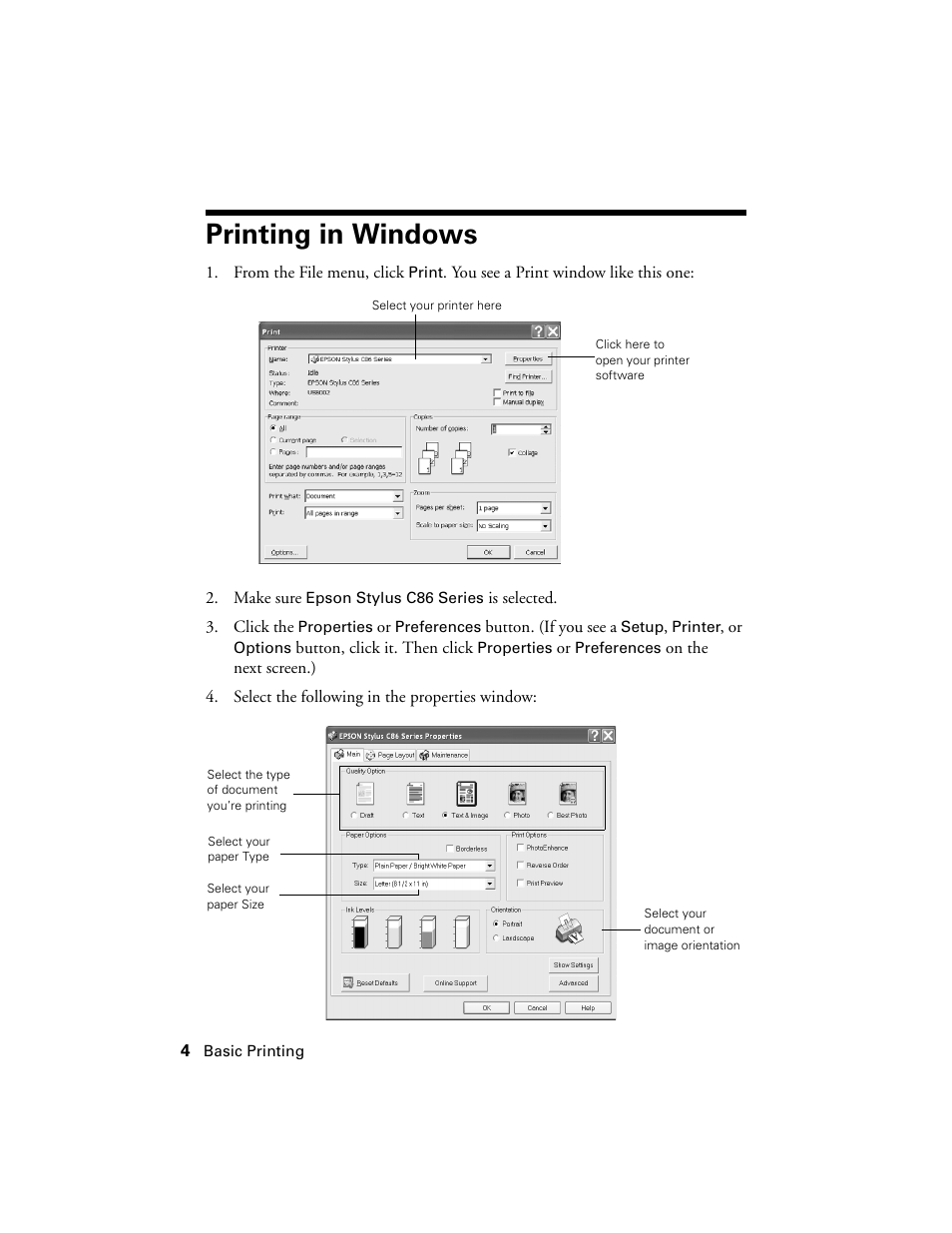 Printing in windows | Epson Stylus C86 User Manual | Page 4 / 40