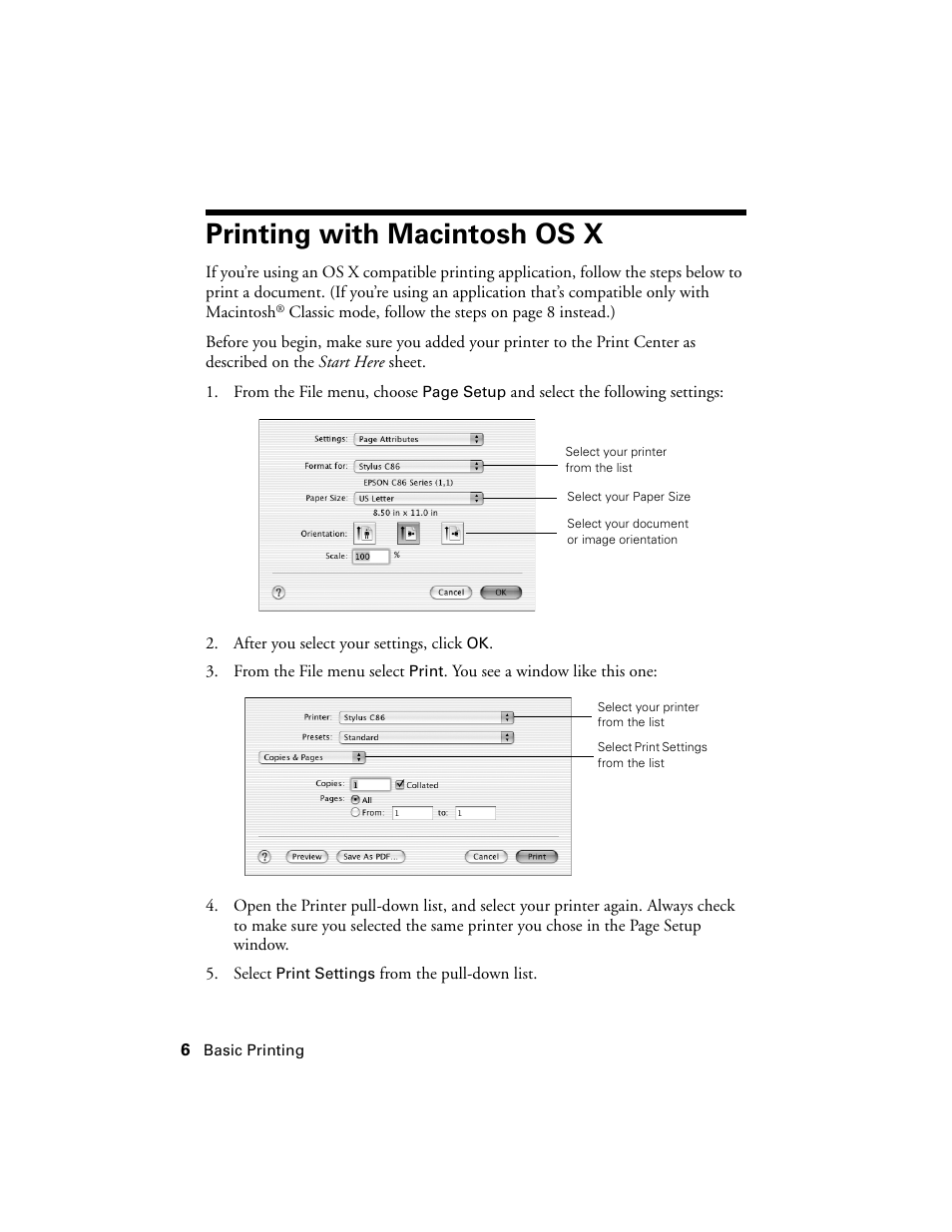 Printing with macintosh os x | Epson Stylus C86 User Manual | Page 6 / 40