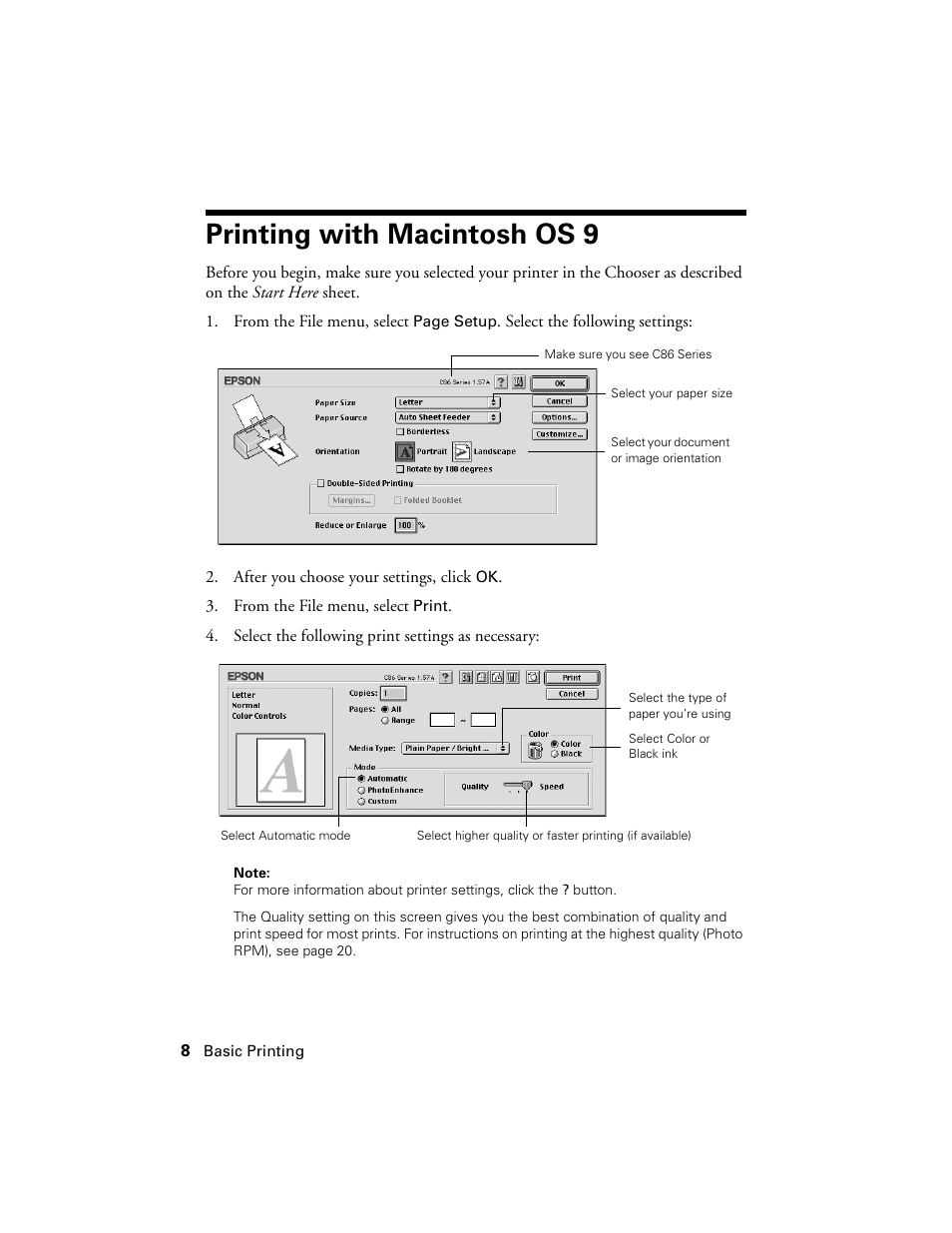 Printing with macintosh os 9 | Epson Stylus C86 User Manual | Page 8 / 40