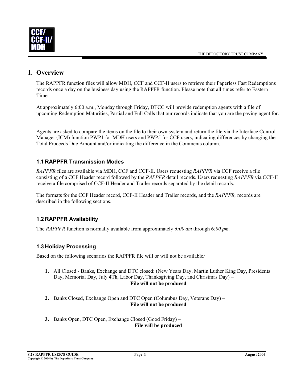 1rappfr transmission modes, 2rappfr availability, 3holiday processing | Overview, 1 rappfr transmission modes, 2 rappfr, Availability, 3 holiday, Processing | RAPPFR MDH User Manual | Page 5 / 10