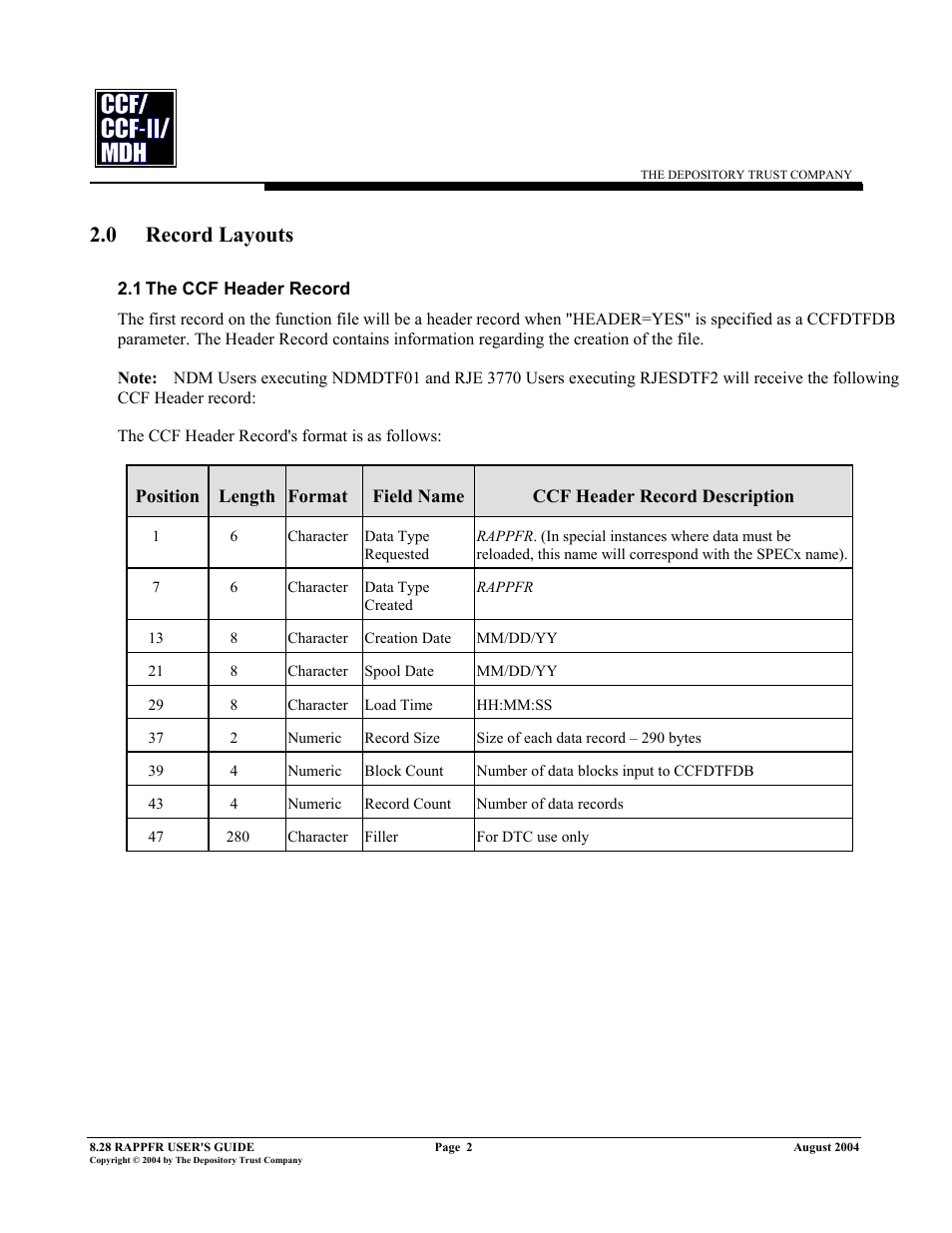 1the ccf header record, Record layouts, The ccf header record | 0 record layouts | RAPPFR MDH User Manual | Page 6 / 10