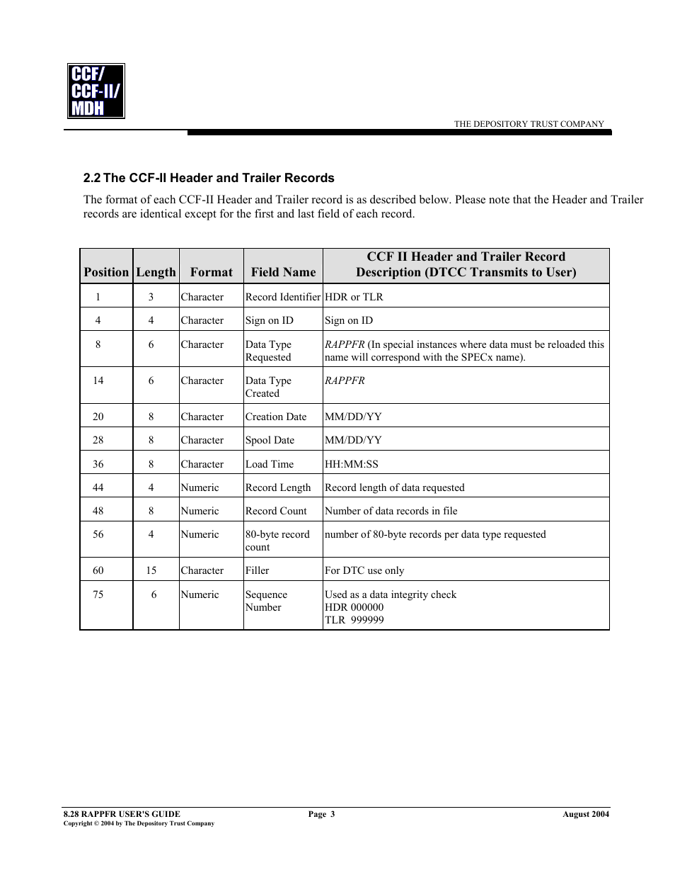 2the ccf-ii header and trailer records, The ccf-ii header and trailer records | RAPPFR MDH User Manual | Page 7 / 10