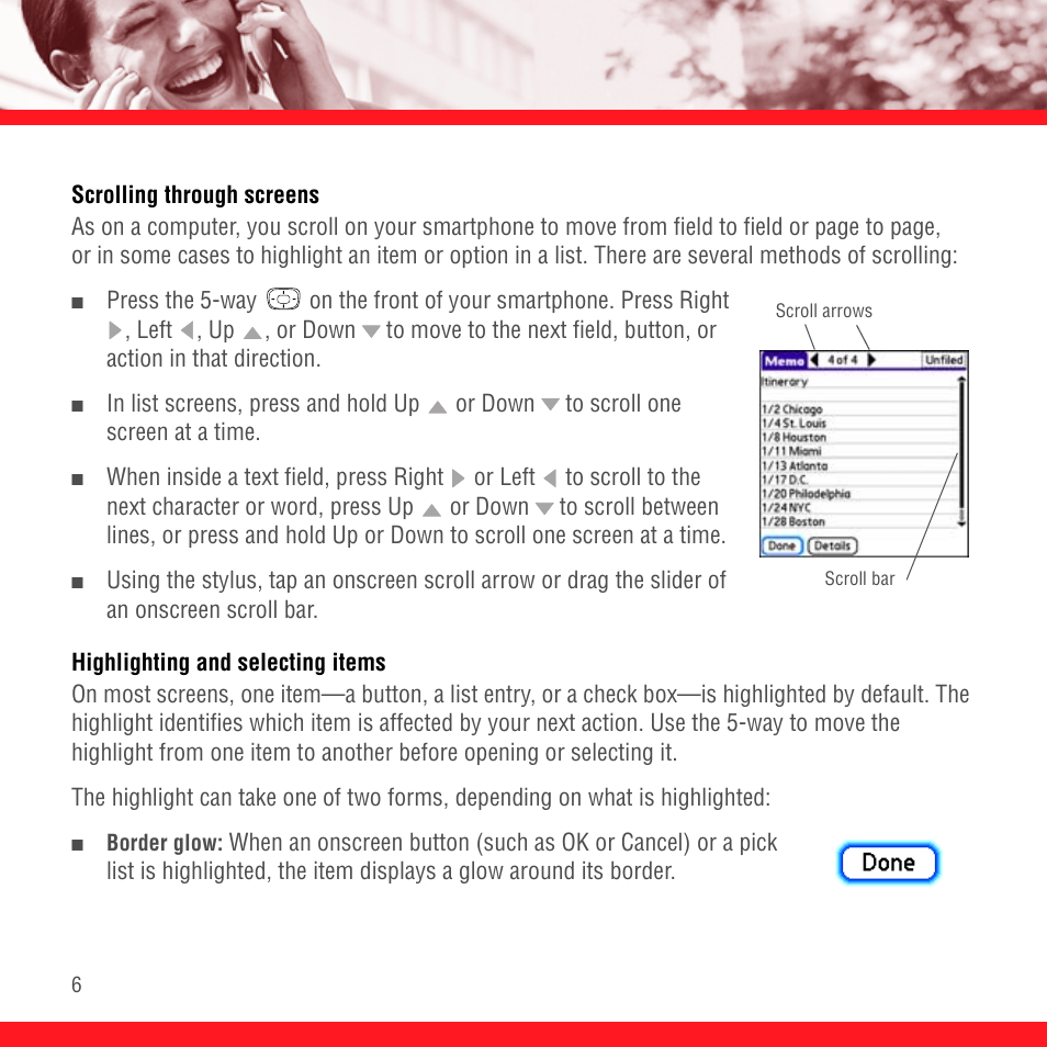 Scrolling through screens, Highlighting and selecting items | Palm Treo 700P User Manual | Page 10 / 212