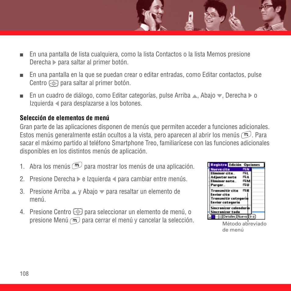 Selección de elementos de menú | Palm Treo 700P User Manual | Page 112 / 212