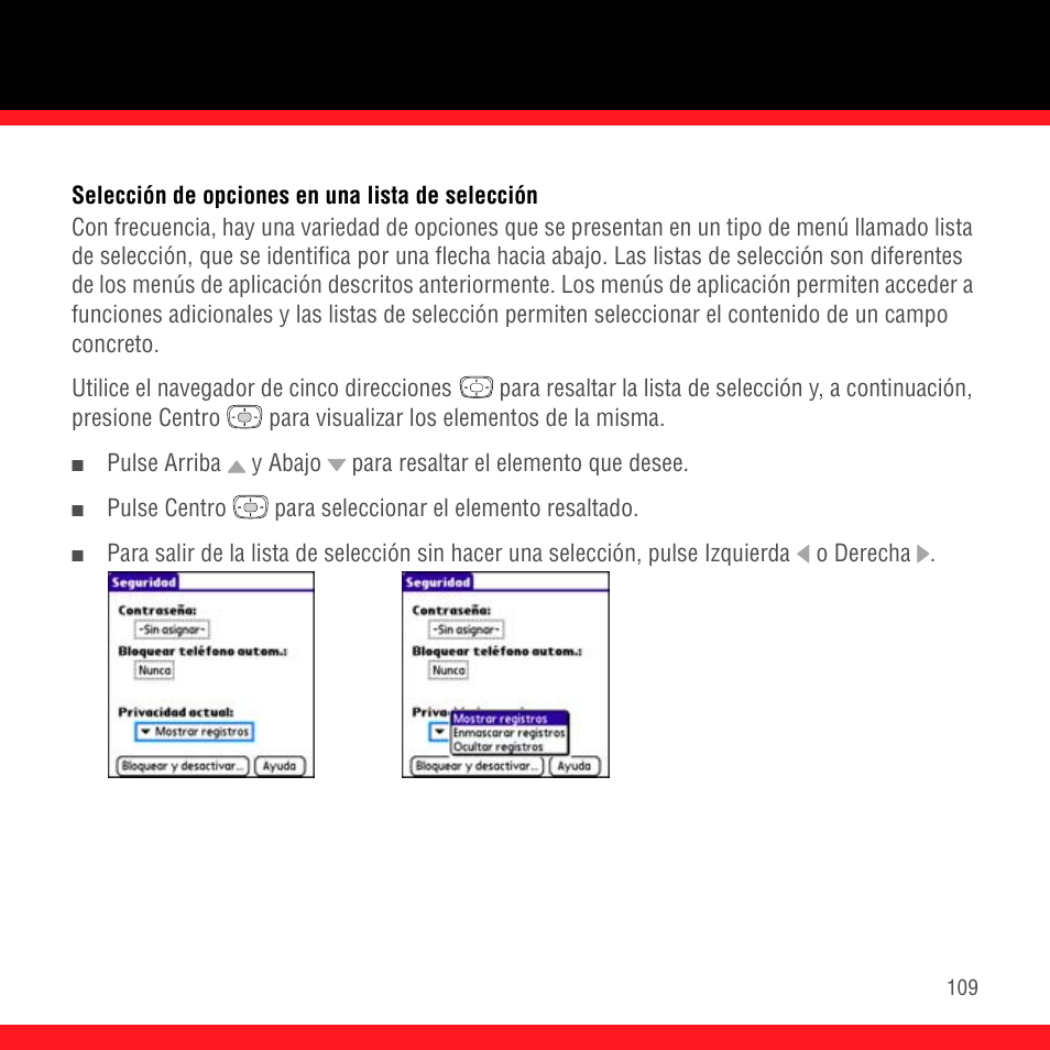 Selección de opciones en una lista de selección | Palm Treo 700P User Manual | Page 113 / 212