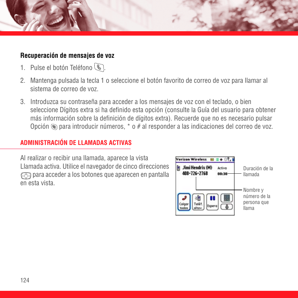 Recuperación de mensajes de voz, Administración de llamadas activas | Palm Treo 700P User Manual | Page 128 / 212
