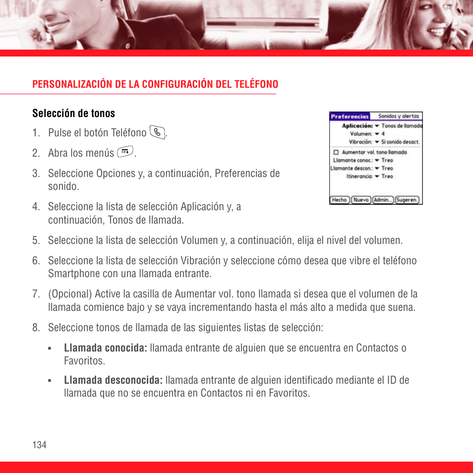 Personalización de la configuración del teléfono, Selección de tonos | Palm Treo 700P User Manual | Page 138 / 212