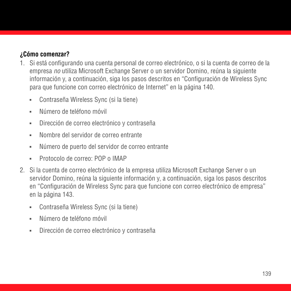 Cómo comenzar, Contraseña wireless sync (si la tiene), Número de teléfono móvil | Dirección de correo electrónico y contraseña, Nombre del servidor de correo entrante, Número de puerto del servidor de correo entrante | Palm Treo 700P User Manual | Page 143 / 212