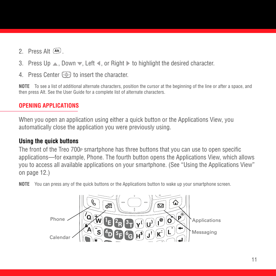 Opening applications, Using the quick buttons | Palm Treo 700P User Manual | Page 15 / 212