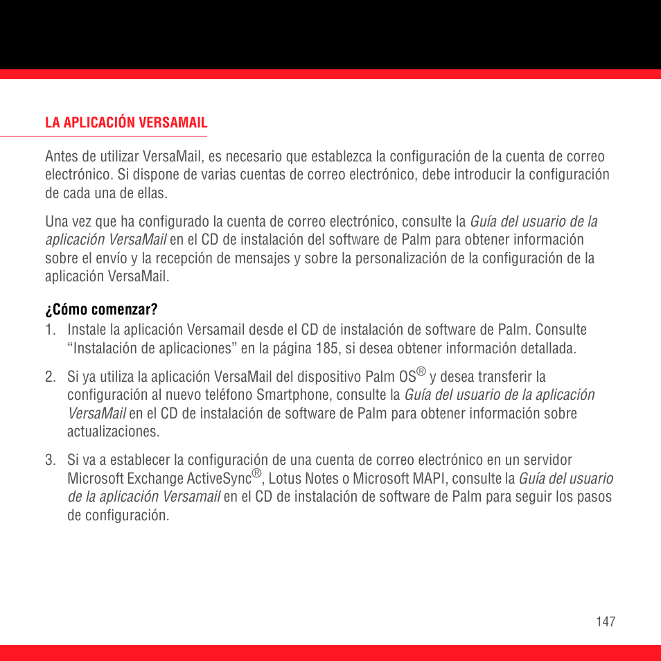 La aplicación versamail, Cómo comenzar | Palm Treo 700P User Manual | Page 151 / 212