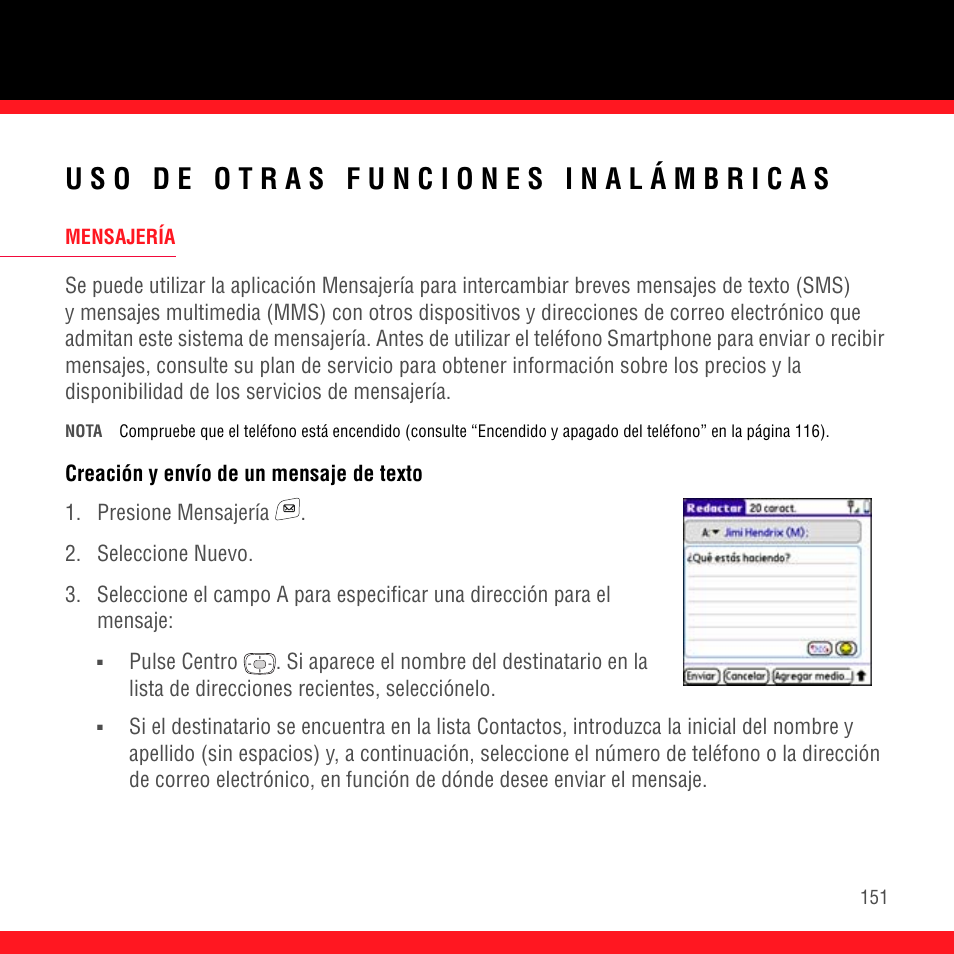 Uso de otras funciones inalámbricas, Mensajería, Creación y envío de un mensaje de texto | Palm Treo 700P User Manual | Page 155 / 212