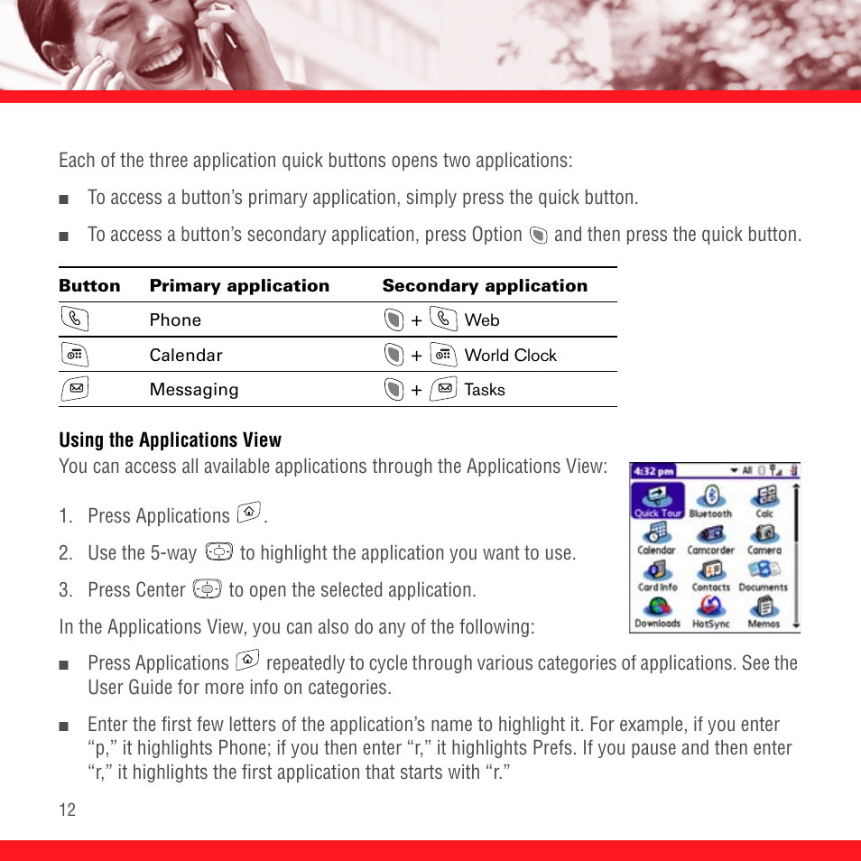 Using the applications view | Palm Treo 700P User Manual | Page 16 / 212