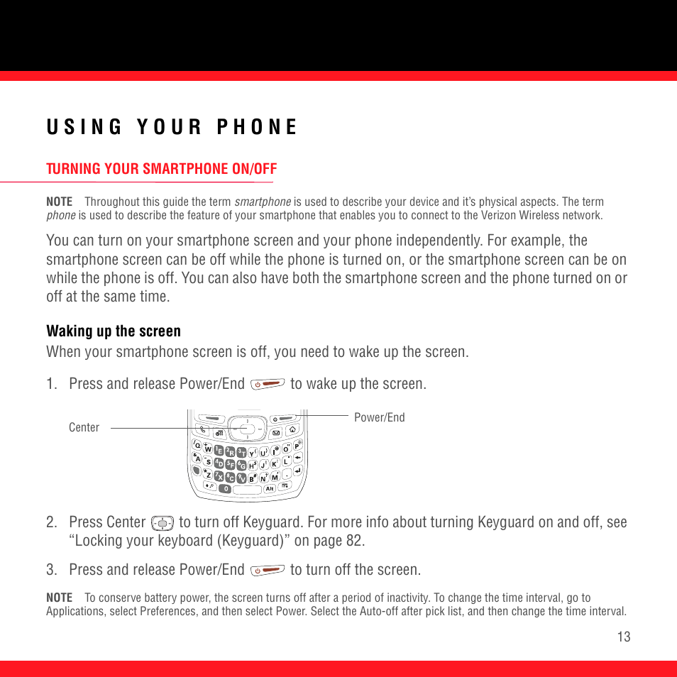 Using your phone, Turning your smartphone on/off, Waking up the screen | Palm Treo 700P User Manual | Page 17 / 212
