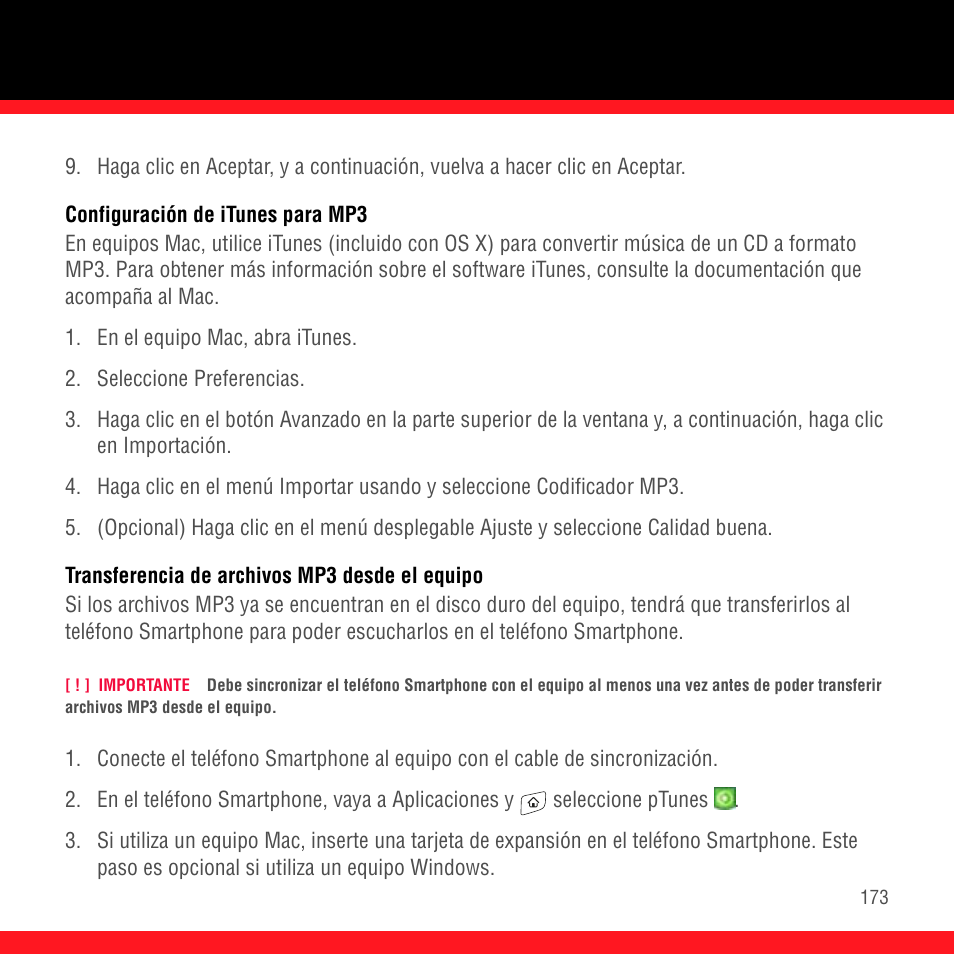 Configuración de itunes para mp3, Transferencia de archivos mp3 desde el equipo | Palm Treo 700P User Manual | Page 177 / 212