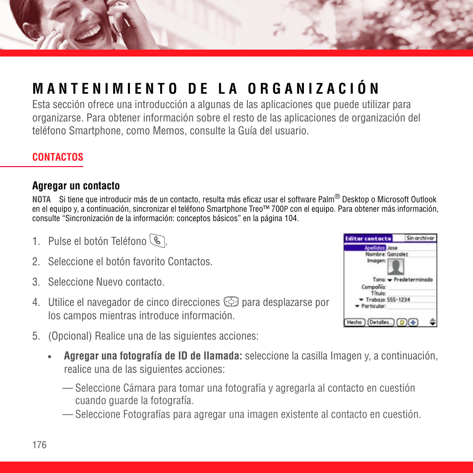 Mantenimiento de la organización, Contactos, Agregar un contacto | Palm Treo 700P User Manual | Page 180 / 212