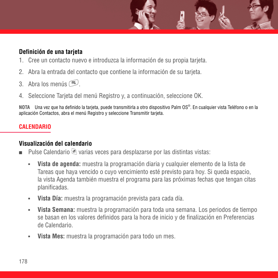 Definición de una tarjeta, Calendario, Visualización del calendario | Palm Treo 700P User Manual | Page 182 / 212