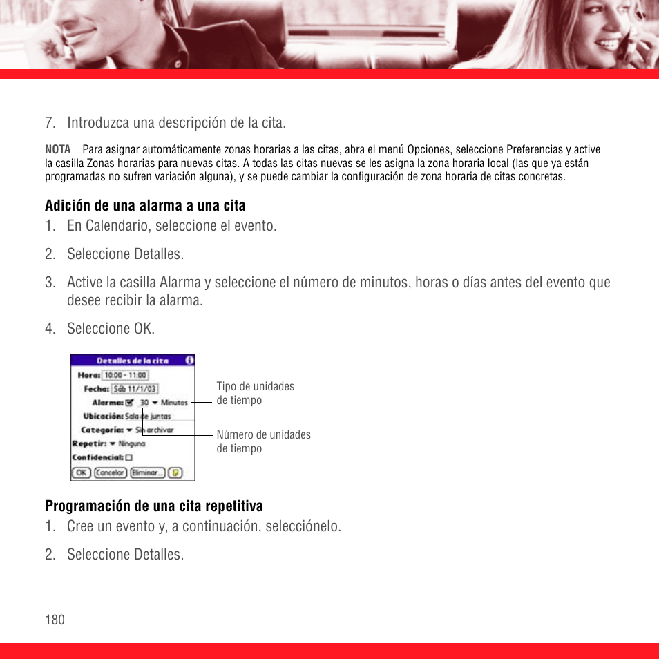 Adición de una alarma a una cita, Programación de una cita repetitiva | Palm Treo 700P User Manual | Page 184 / 212