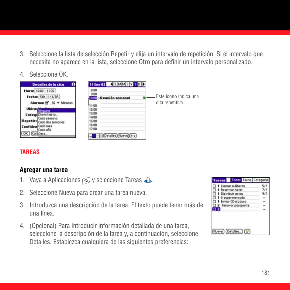 Tareas, Agregar una tarea | Palm Treo 700P User Manual | Page 185 / 212