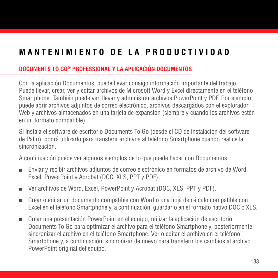 Mantenimiento de la productividad, Documents to go | Palm Treo 700P User Manual | Page 187 / 212