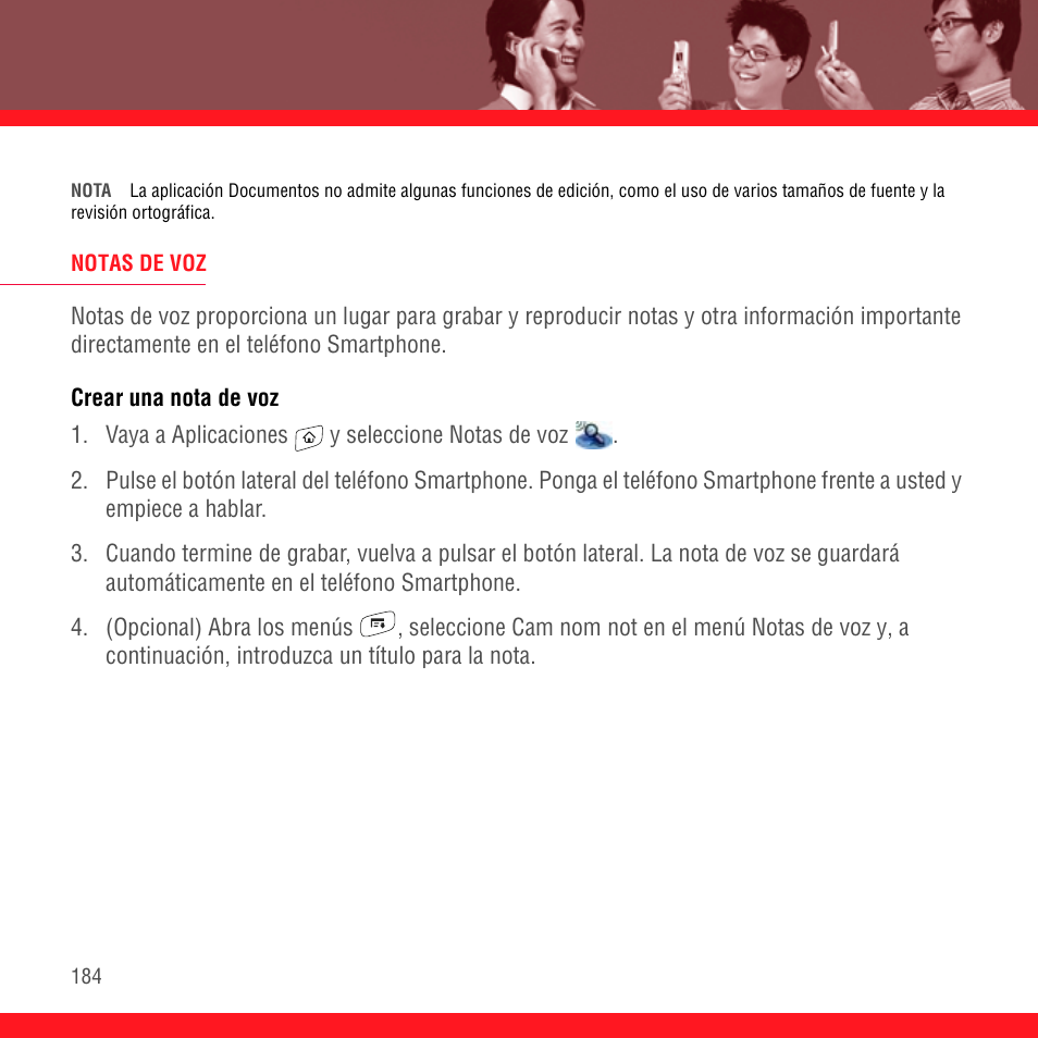 Notas de voz, Crear una nota de voz | Palm Treo 700P User Manual | Page 188 / 212