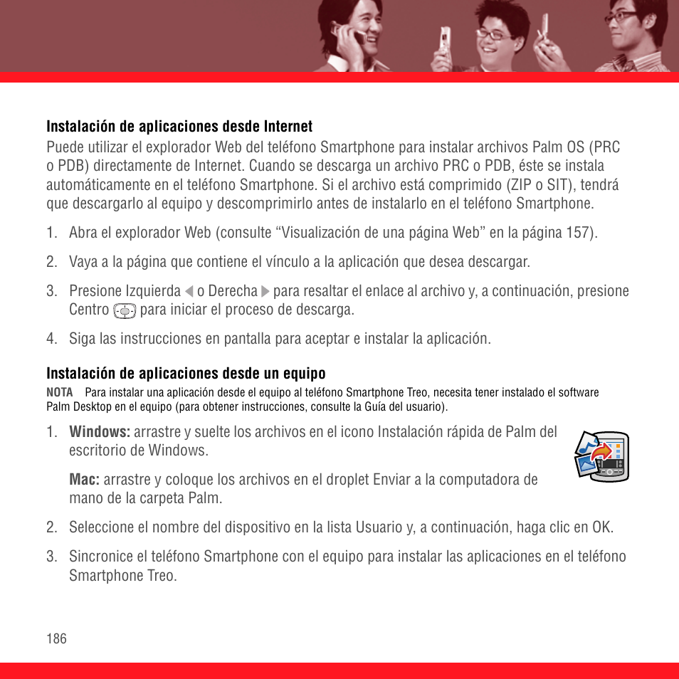 Instalación de aplicaciones desde internet, Instalación de aplicaciones desde un equipo | Palm Treo 700P User Manual | Page 190 / 212