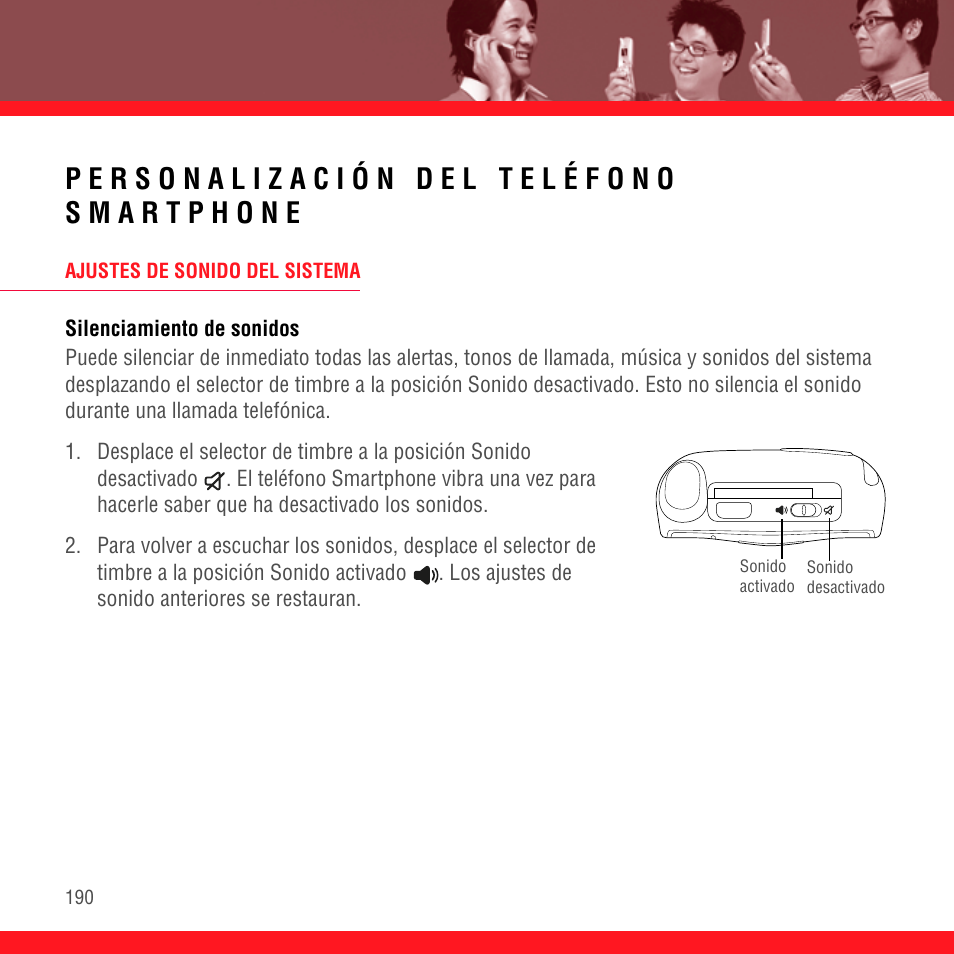 Personalización del teléfono smartphone, Ajustes de sonido del sistema, Silenciamiento de sonidos | Palm Treo 700P User Manual | Page 194 / 212