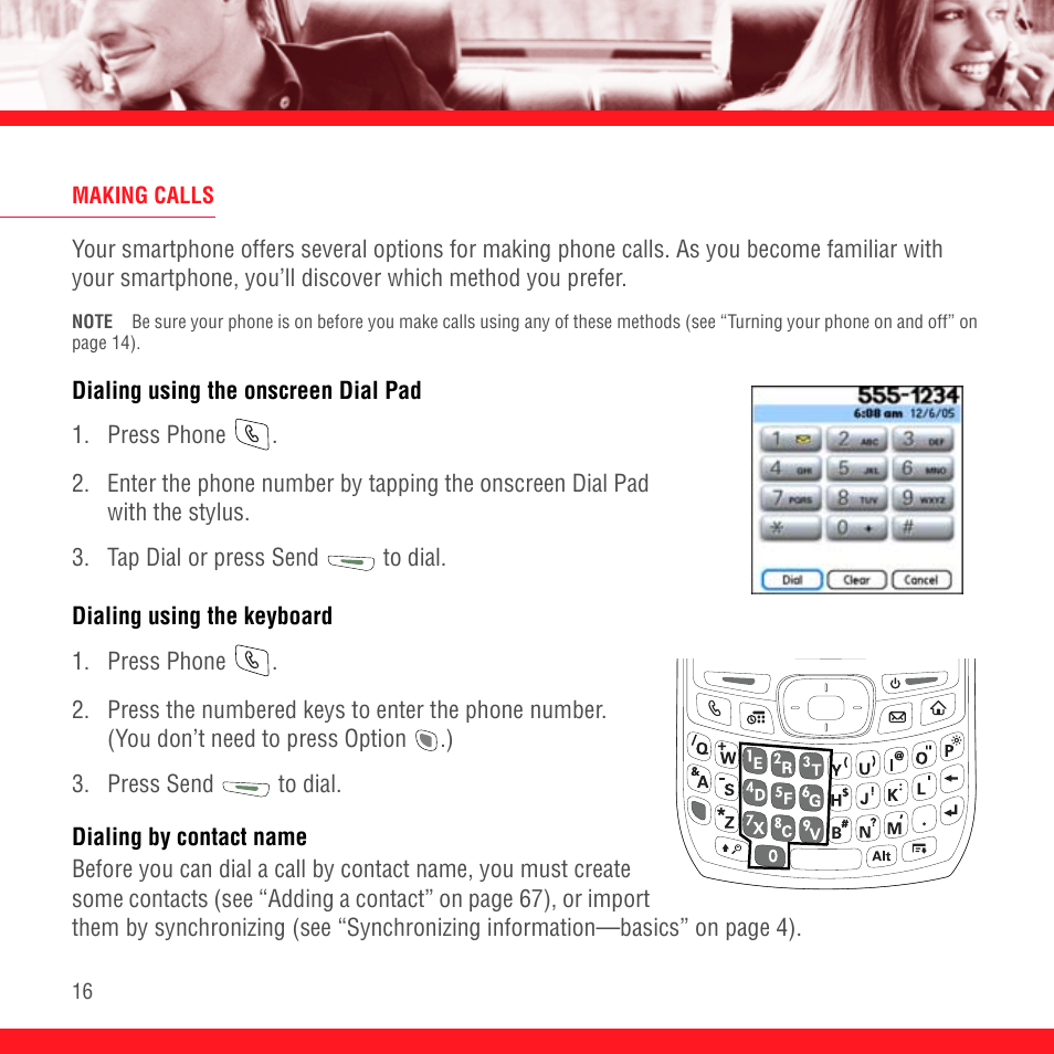 Making calls, Dialing using the onscreen dial pad, Dialing using the keyboard | Dialing by contact name | Palm Treo 700P User Manual | Page 20 / 212