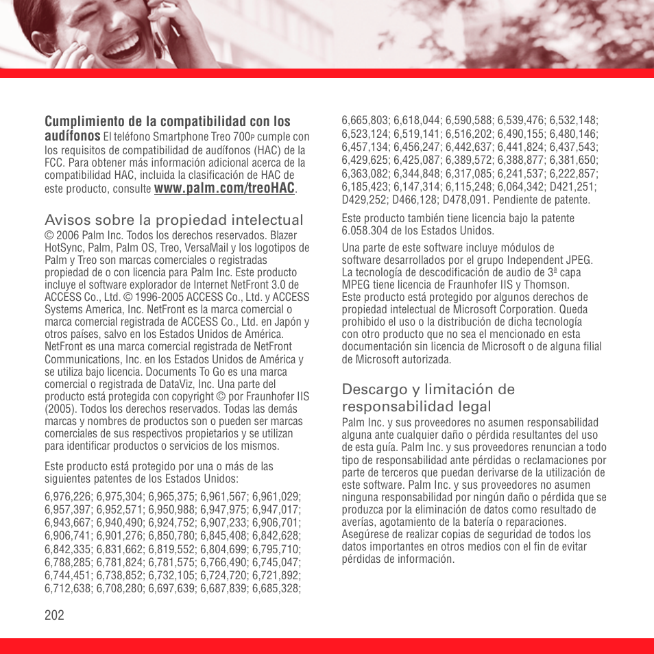 Avisos sobre la propiedad intelectual, Descargo y limitación de responsabilidad legal | Palm Treo 700P User Manual | Page 206 / 212