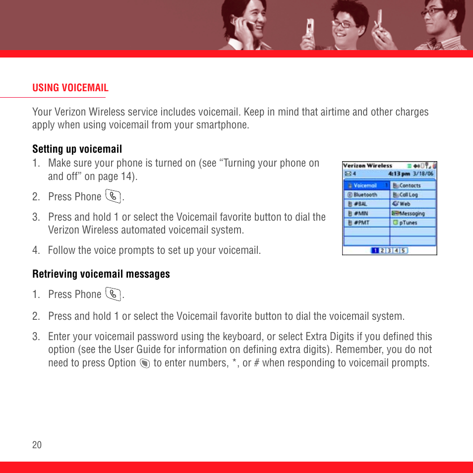 Using voicemail, Setting up voicemail, Retrieving voicemail messages | Palm Treo 700P User Manual | Page 24 / 212