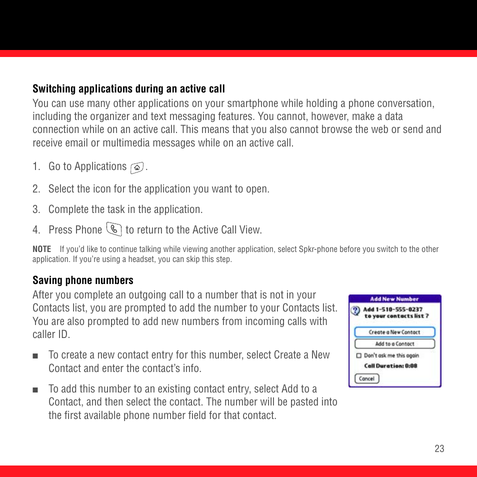 Switching applications during an active call, Saving phone numbers | Palm Treo 700P User Manual | Page 27 / 212