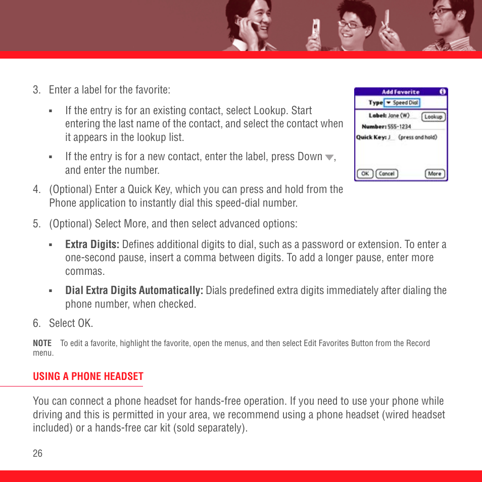 Using a phone headset, Enter a label for the favorite | Palm Treo 700P User Manual | Page 30 / 212