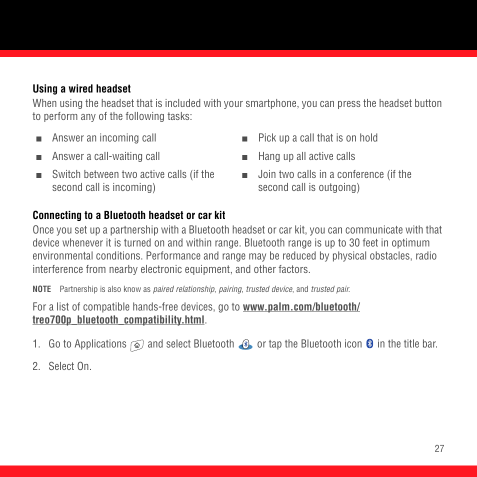 Using a wired headset, Connecting to a bluetooth headset or car kit | Palm Treo 700P User Manual | Page 31 / 212