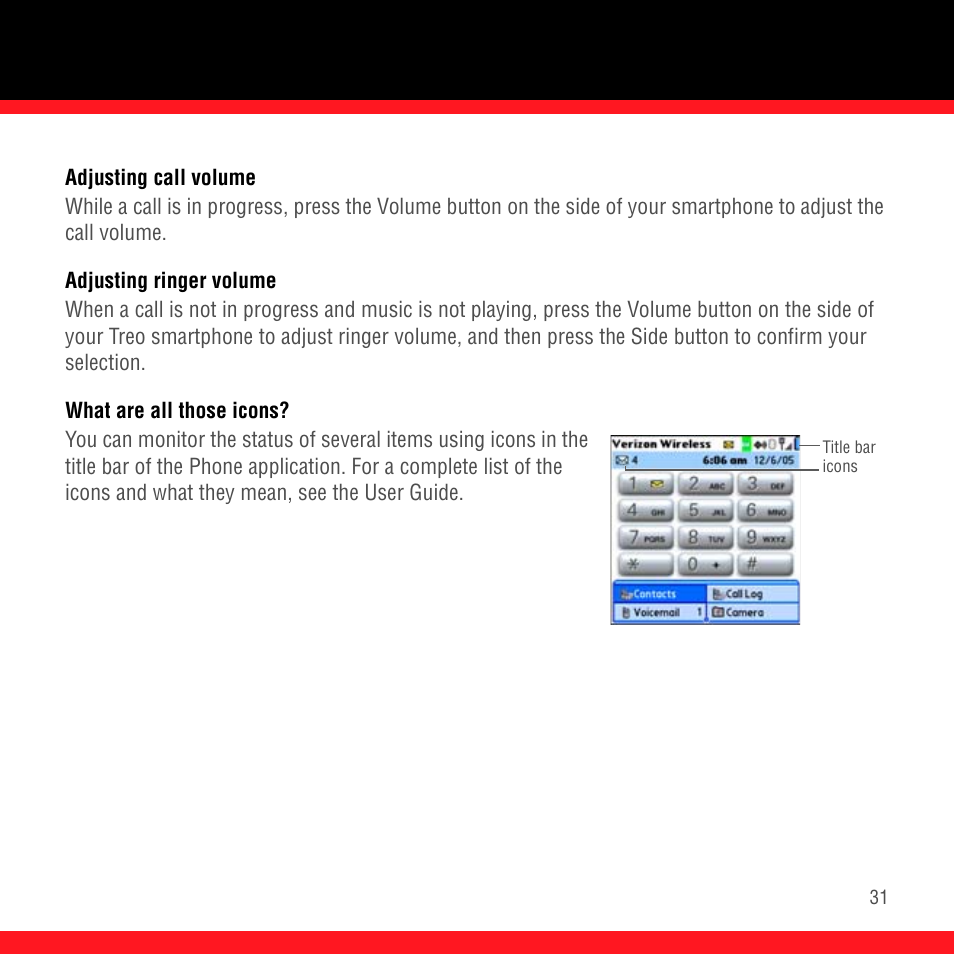 Adjusting call volume, Adjusting ringer volume, What are all those icons | Palm Treo 700P User Manual | Page 35 / 212