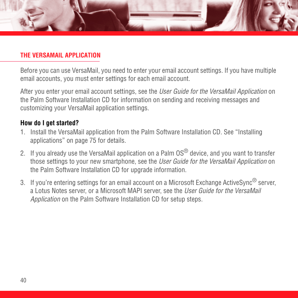 The versamail application, How do i get started | Palm Treo 700P User Manual | Page 44 / 212