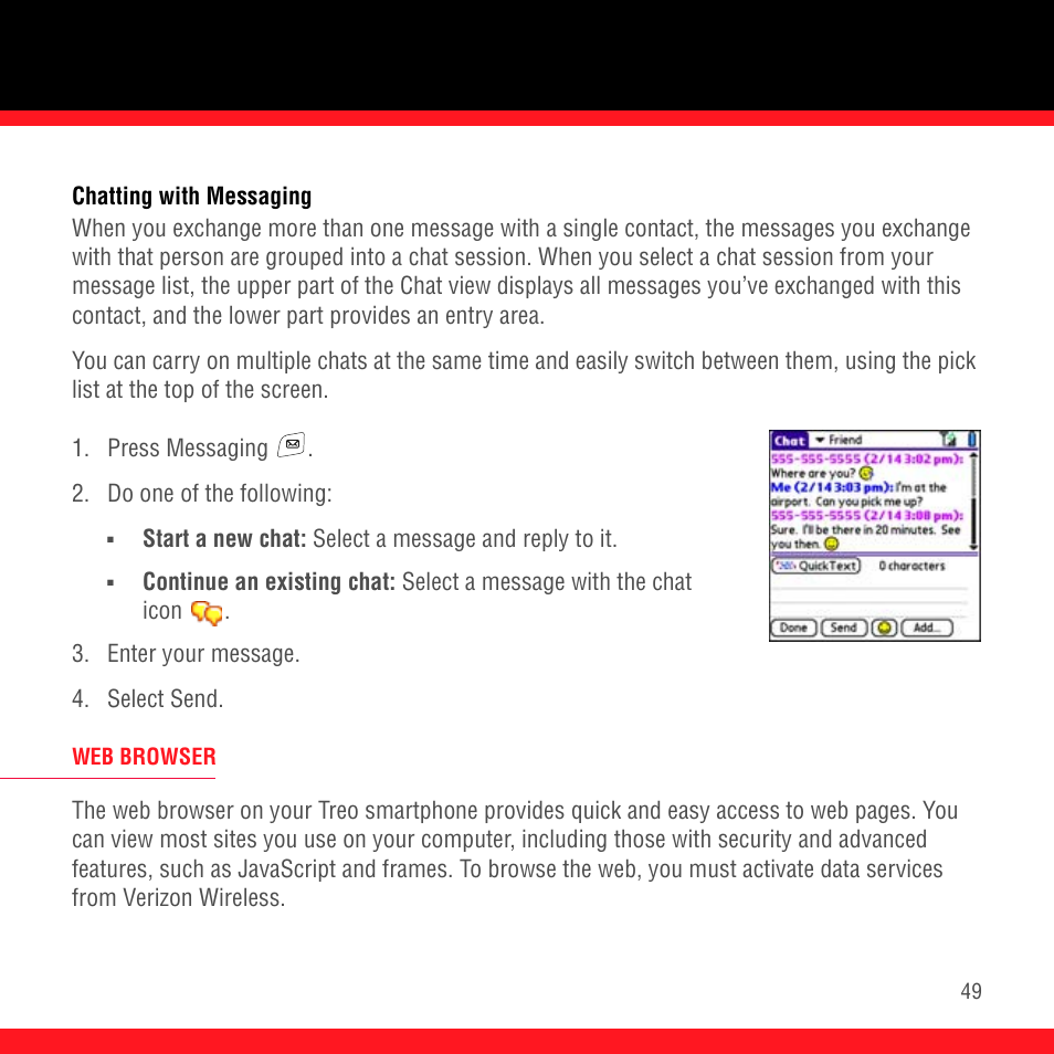 Chatting with messaging, Web browser | Palm Treo 700P User Manual | Page 53 / 212