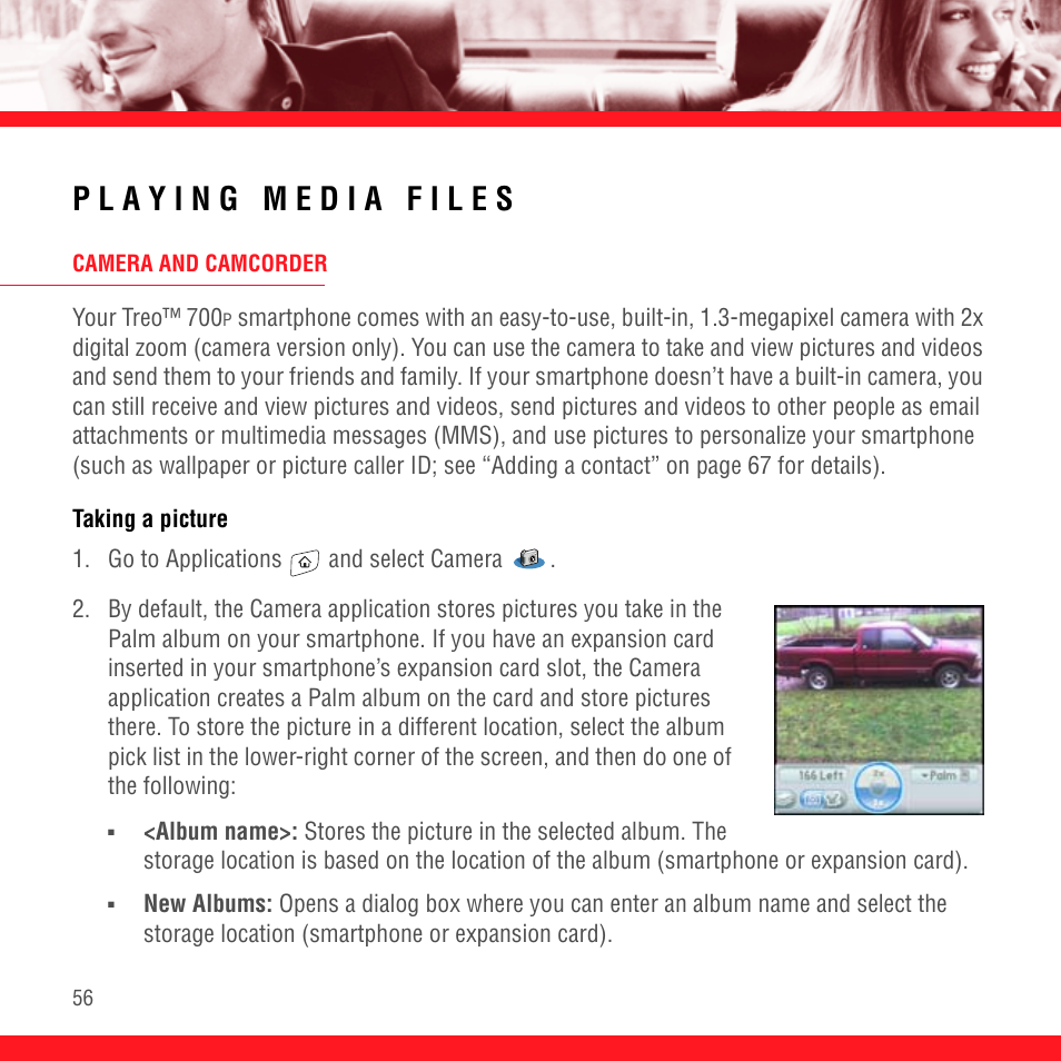 Playing media files, Camera and camcorder, Taking a picture | Palm Treo 700P User Manual | Page 60 / 212