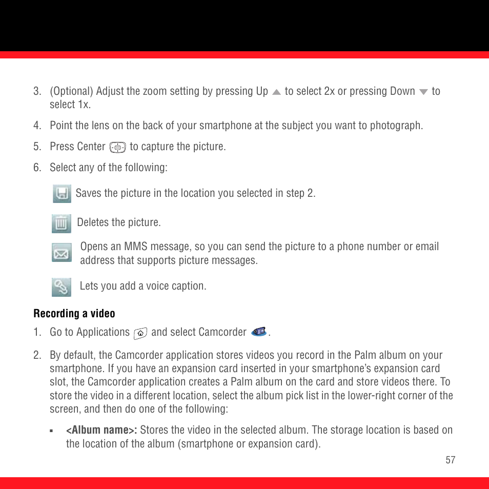 Recording a video | Palm Treo 700P User Manual | Page 61 / 212
