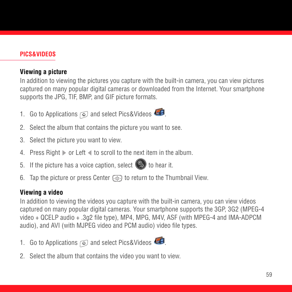 Pics&videos, Viewing a picture, Viewing a video | Palm Treo 700P User Manual | Page 63 / 212