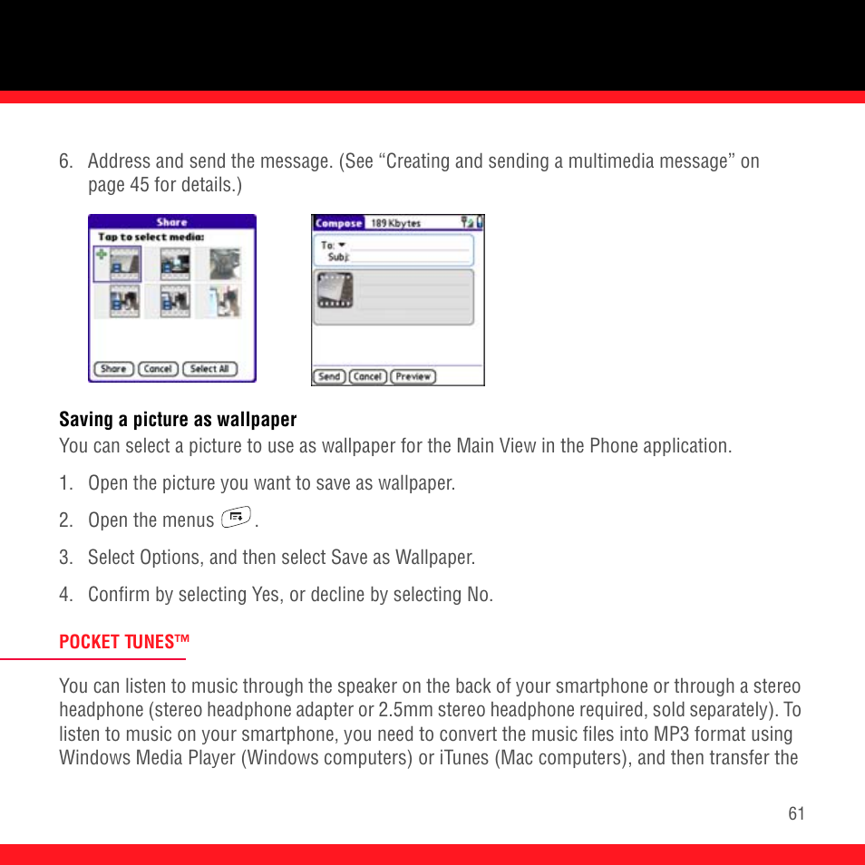 Saving a picture as wallpaper, Pocket tunes | Palm Treo 700P User Manual | Page 65 / 212