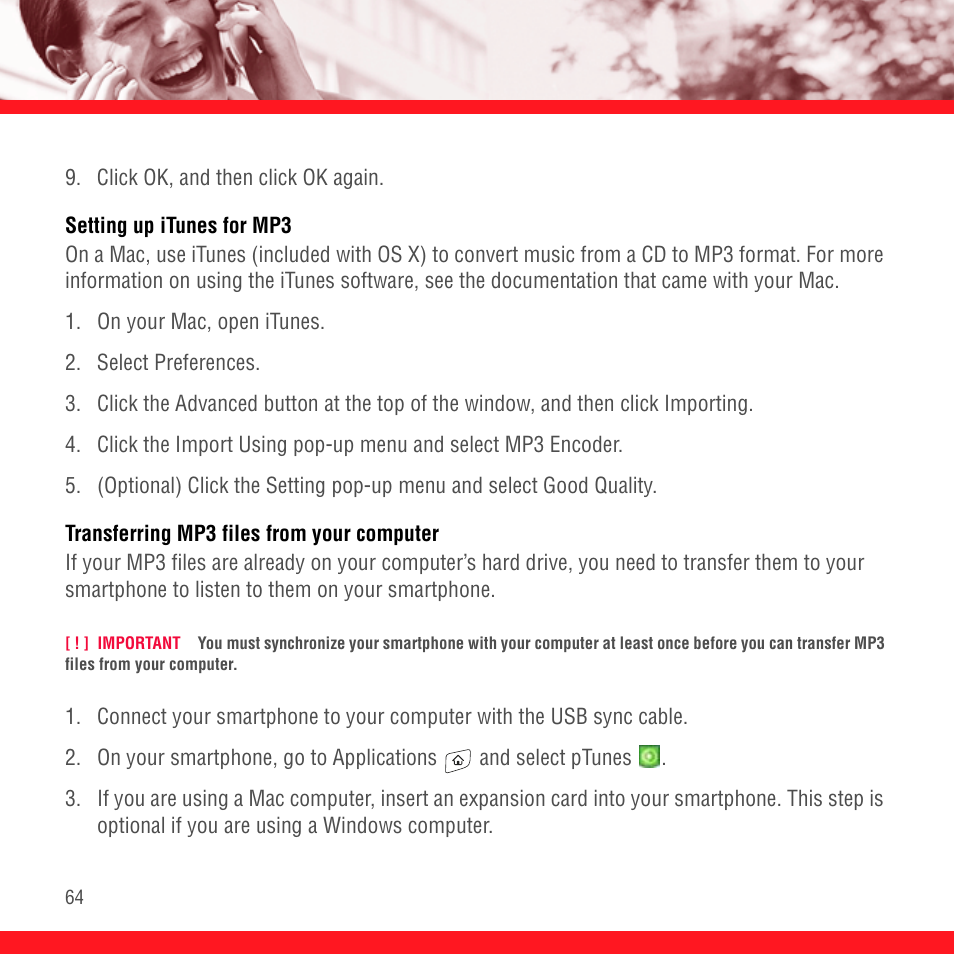 Setting up itunes for mp3, Transferring mp3 files from your computer | Palm Treo 700P User Manual | Page 68 / 212