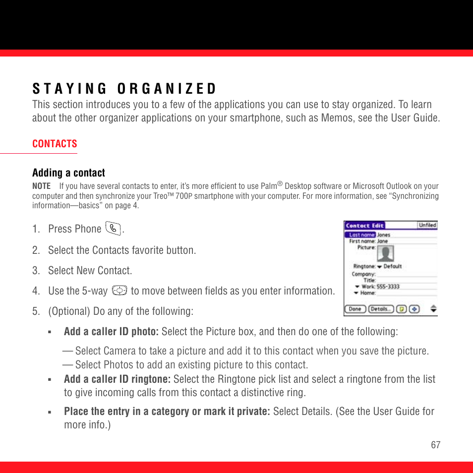 Staying organized, Contacts, Adding a contact | Palm Treo 700P User Manual | Page 71 / 212