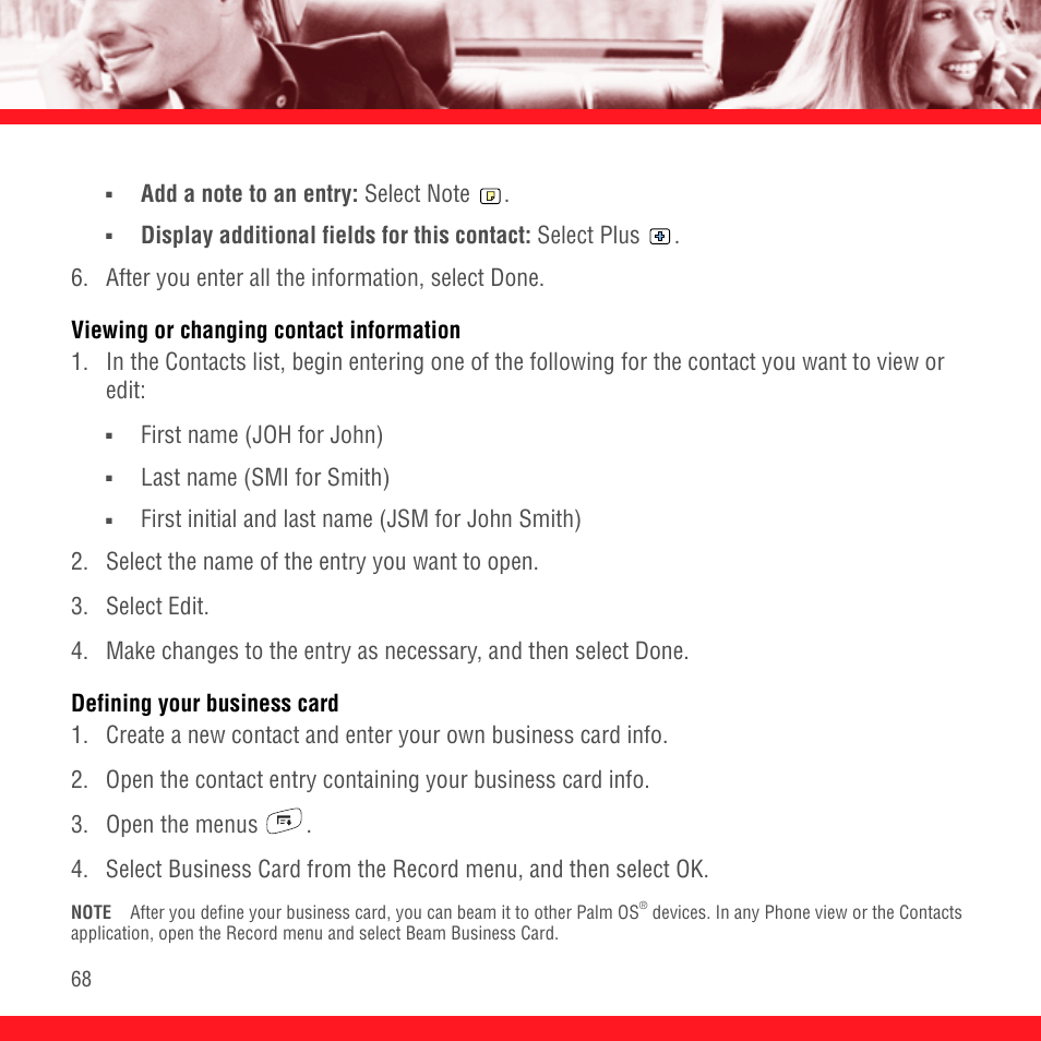 Viewing or changing contact information, Defining your business card | Palm Treo 700P User Manual | Page 72 / 212
