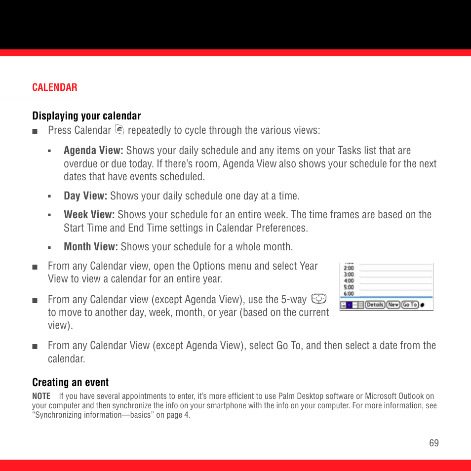 Calendar, Displaying your calendar, Creating an event | Month view: shows your schedule for a whole month | Palm Treo 700P User Manual | Page 73 / 212