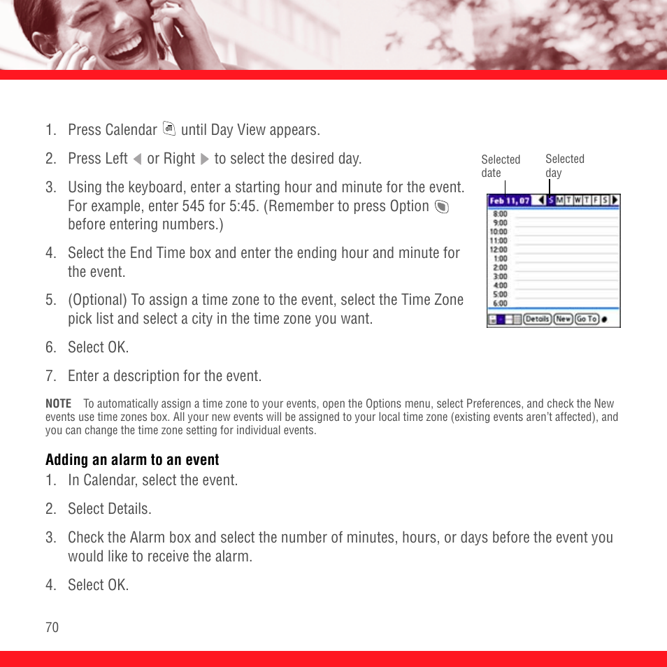 Adding an alarm to an event | Palm Treo 700P User Manual | Page 74 / 212