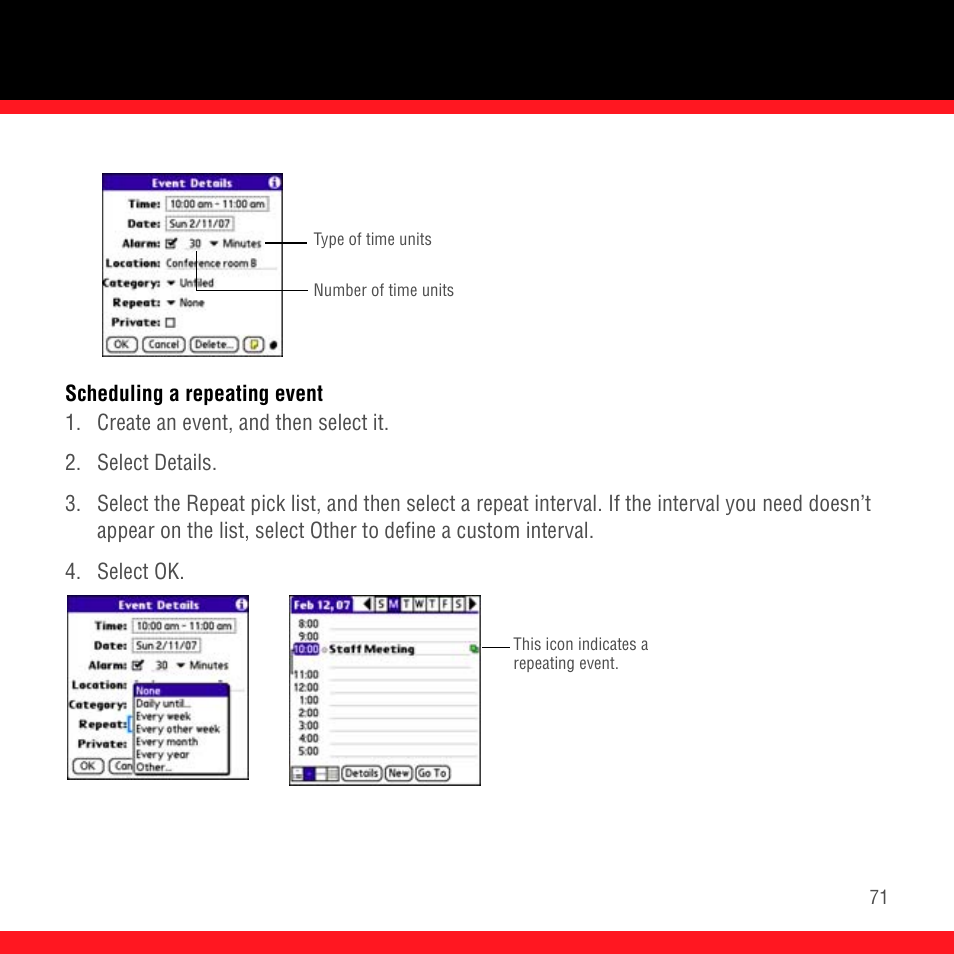 Scheduling a repeating event | Palm Treo 700P User Manual | Page 75 / 212